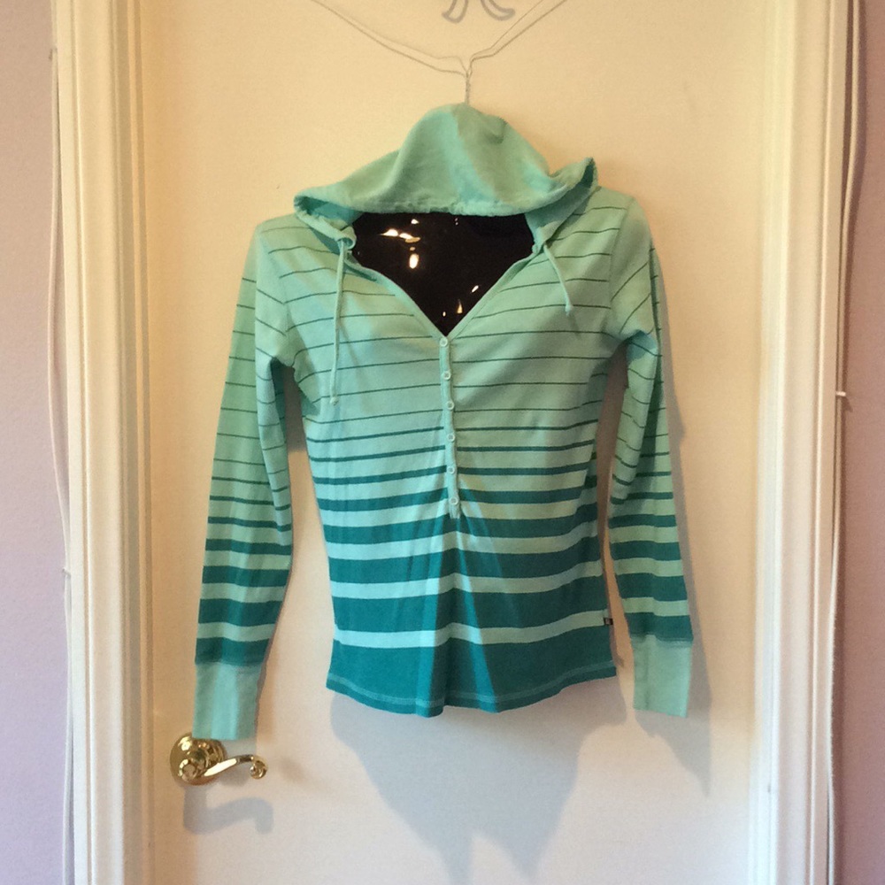 Turquoise Blue Button Down V-Cut Hooded Sweater